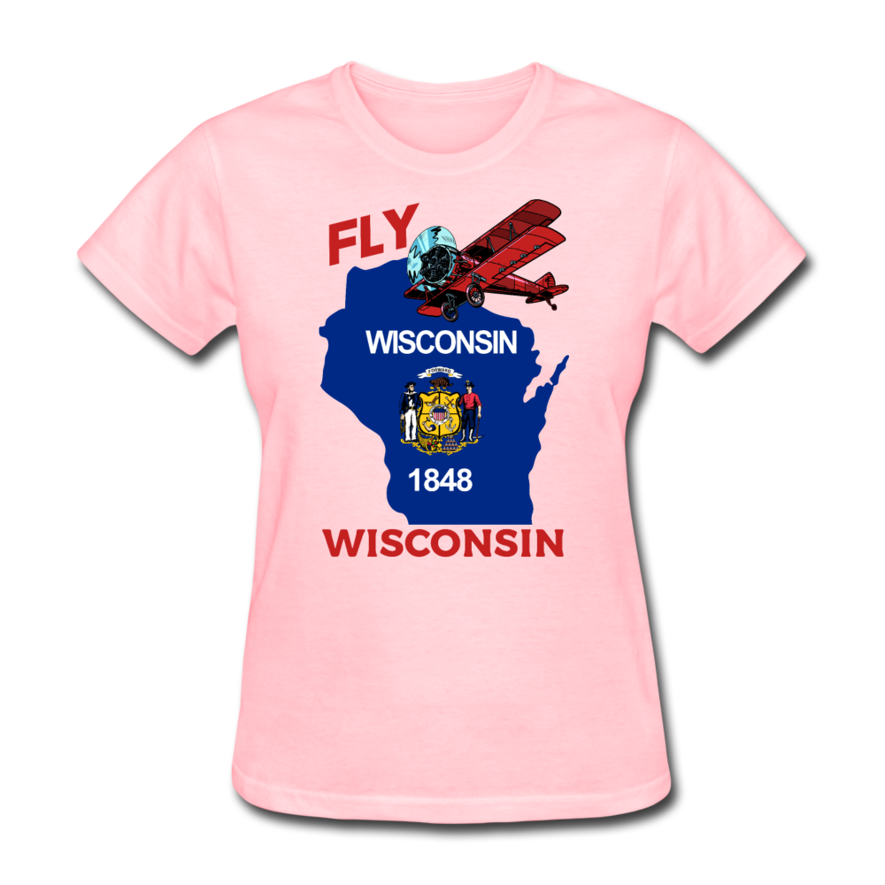 Fly Wisconsin - State Flag - Biplane - Women's Fruit of the Loom T-Shirt - pink