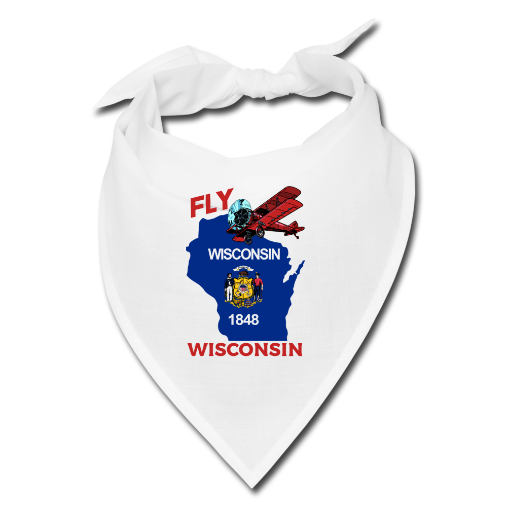 Fly Wisconsin - State Flag - Biplane - Bandana - white