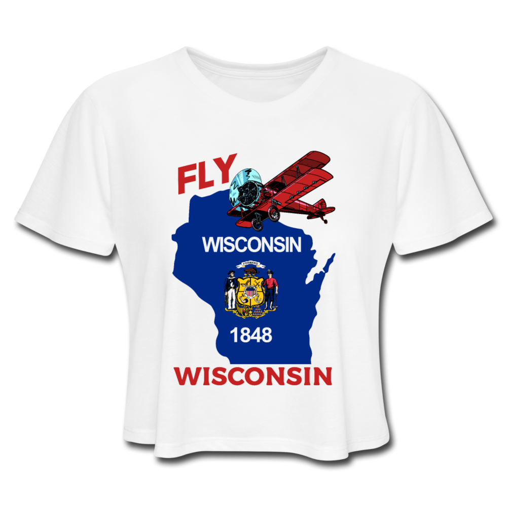 Fly Wisconsin - State Flag - Biplane - Women's Cropped T-Shirt - white