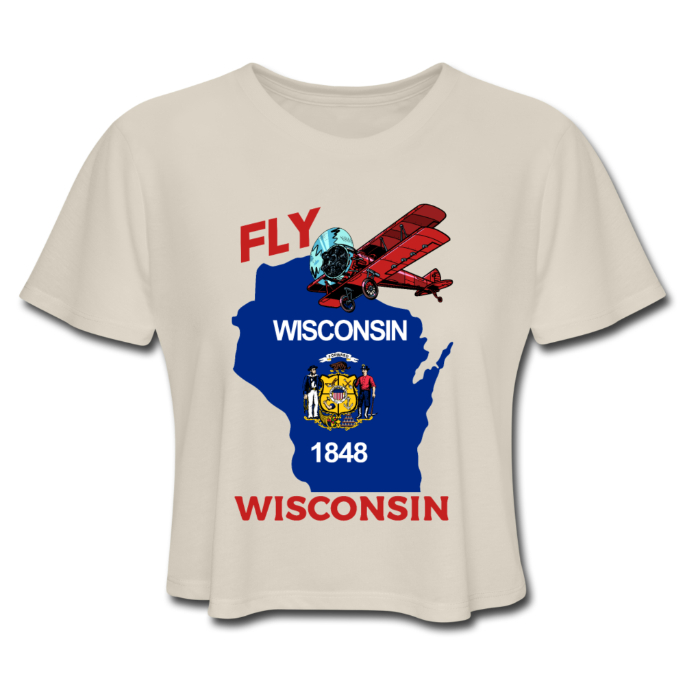 Fly Wisconsin - State Flag - Biplane - Women's Cropped T-Shirt - dust