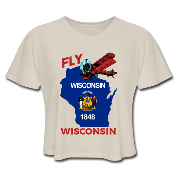 Fly Wisconsin - State Flag - Biplane - Women's Cropped T-Shirt - dust