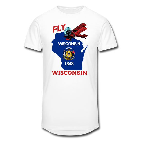 Fly Wisconsin - State Flag - Biplane - Men’s Long Body Urban Tee - white