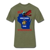 Fly Wisconsin - State Flag - Biplane - Fitted Cotton/Poly T-Shirt by Next Level - heather military green