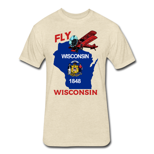 Fly Wisconsin - State Flag - Biplane - Fitted Cotton/Poly T-Shirt by Next Level - heather cream