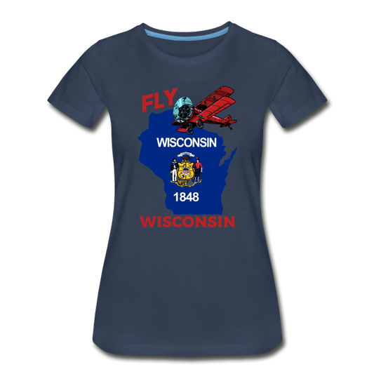 Fly Wisconsin - State Flag - Biplane - Women’s Premium Organic T-Shirt - navy