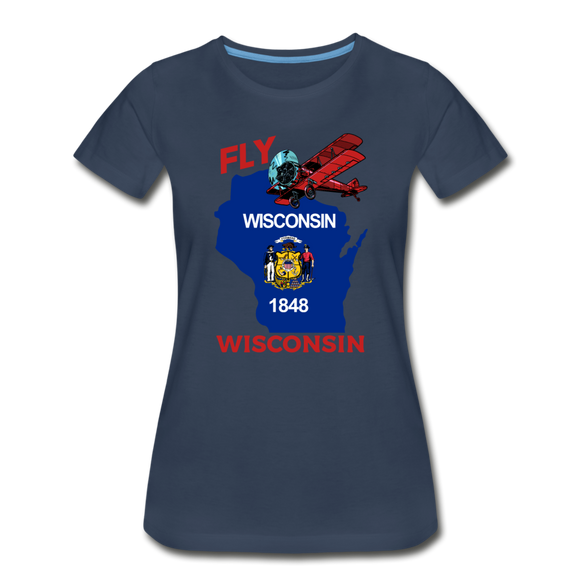 Fly Wisconsin - State Flag - Biplane - Women’s Premium Organic T-Shirt - navy
