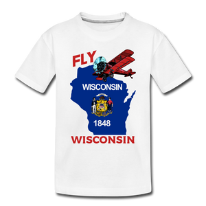 Fly Wisconsin - State Flag - Biplane - Toddler Premium Organic T-Shirt - white