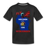 Fly Wisconsin - State Flag - Biplane - Toddler Premium Organic T-Shirt - black