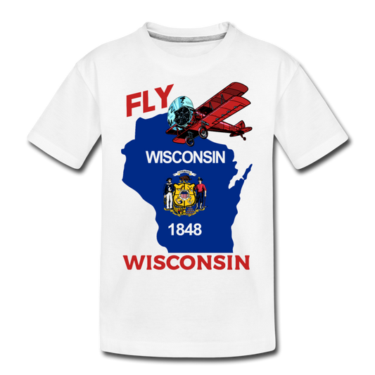 Fly Wisconsin - State Flag - Biplane - Kid’s Premium Organic T-Shirt - white