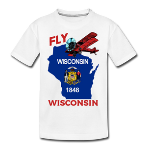 Fly Wisconsin - State Flag - Biplane - Kid’s Premium Organic T-Shirt - white