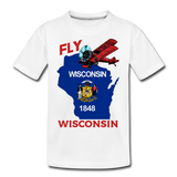 Fly Wisconsin - State Flag - Biplane - Kid’s Premium Organic T-Shirt - white