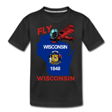Fly Wisconsin - State Flag - Biplane - Kid’s Premium Organic T-Shirt - black
