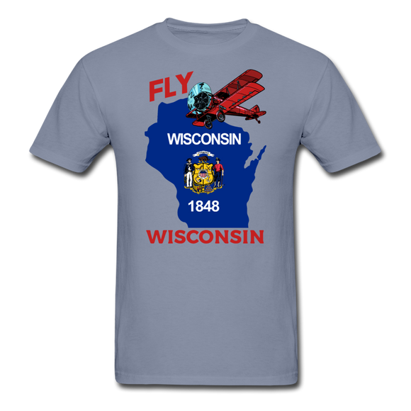 Fly Wisconsin - State Flag - Biplane - Unisex ComfortWash Garment Dyed T-Shirt - blue