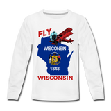 Fly Wisconsin - State Flag - Biplane - Kids' Premium Long Sleeve T-Shirt - white