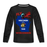 Fly Wisconsin - State Flag - Biplane - Kids' Premium Long Sleeve T-Shirt - black