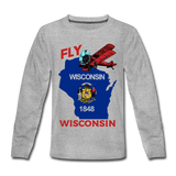 Fly Wisconsin - State Flag - Biplane - Kids' Premium Long Sleeve T-Shirt - heather gray