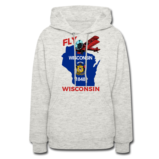 Fly Wisconsin - State Flag - Biplane - Women's Jerzees Hoodie - heather oatmeal