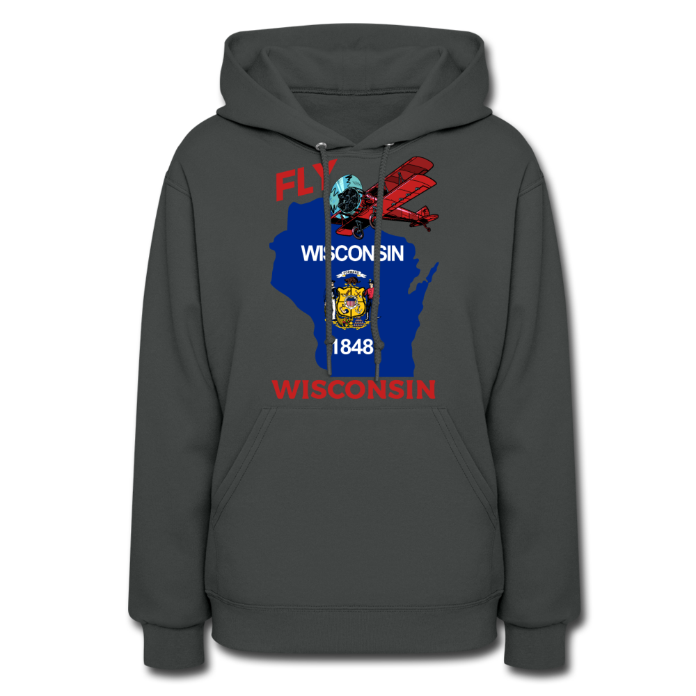 Fly Wisconsin - State Flag - Biplane - Women's Jerzees Hoodie - asphalt