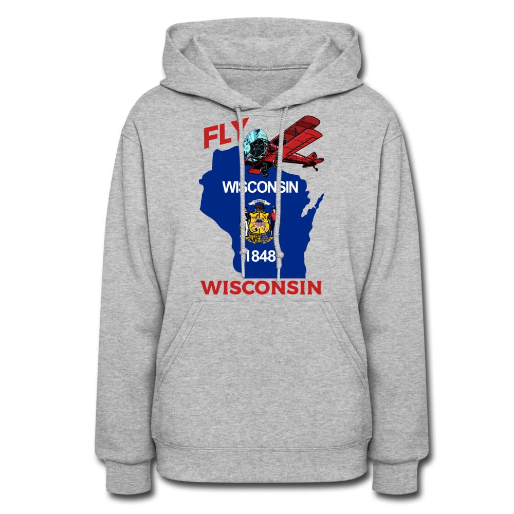 Fly Wisconsin - State Flag - Biplane - Women's Jerzees Hoodie - heather gray