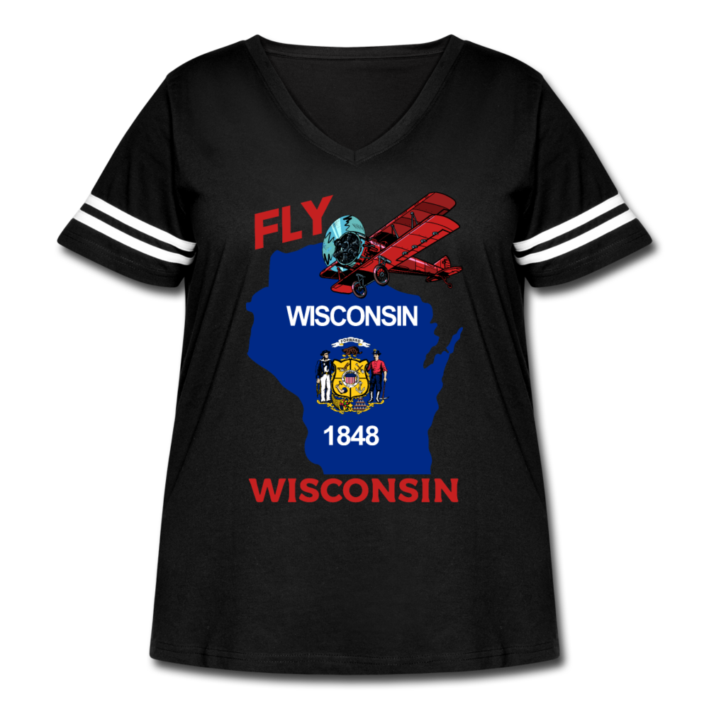 Fly Wisconsin - State Flag - Biplane - Women's Curvy Vintage Sport T-Shirt - black/white