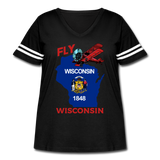 Fly Wisconsin - State Flag - Biplane - Women's Curvy Vintage Sport T-Shirt - black/white