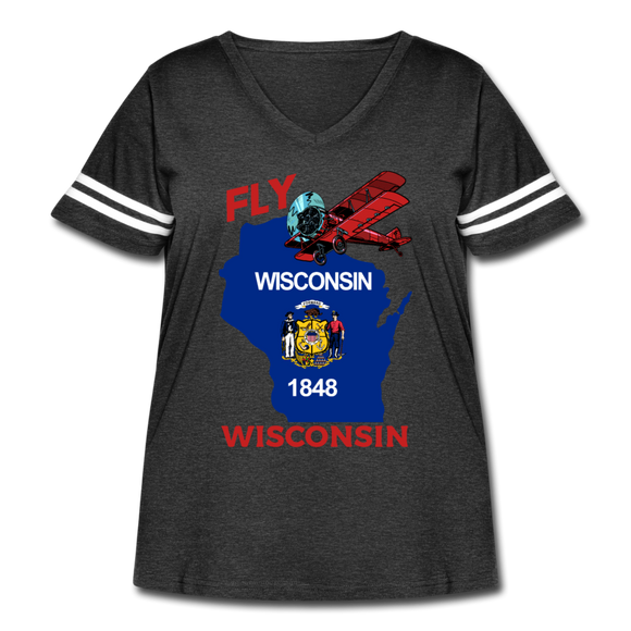 Fly Wisconsin - State Flag - Biplane - Women's Curvy Vintage Sport T-Shirt - vintage smoke/white