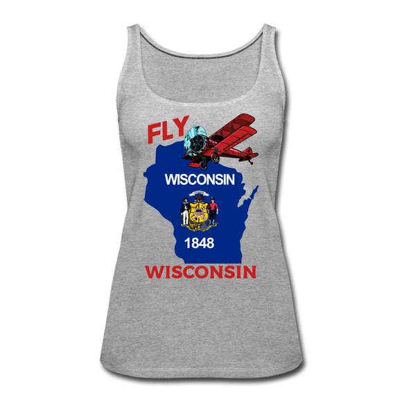 Fly Wisconsin - State Flag - Biplane - Women’s Premium Tank Top - heather gray