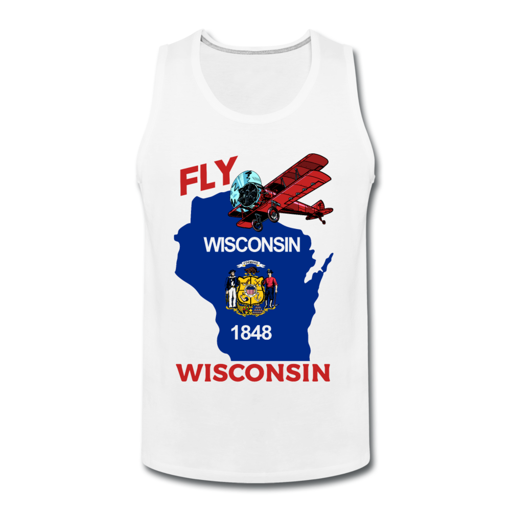 Fly Wisconsin - State Flag - Biplane - Men’s Premium Tank - white