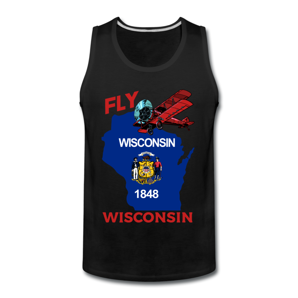 Fly Wisconsin - State Flag - Biplane - Men’s Premium Tank - black