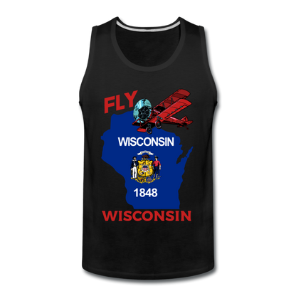 Fly Wisconsin - State Flag - Biplane - Men’s Premium Tank - black