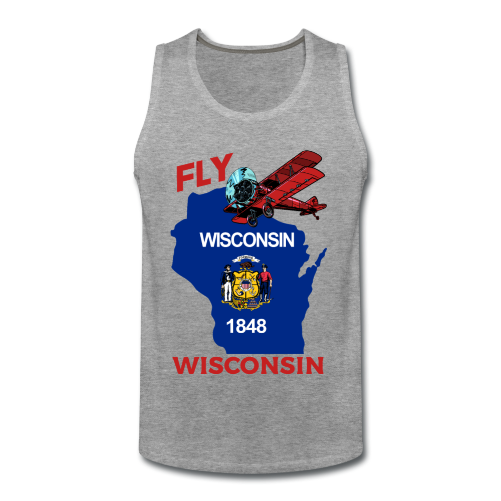 Fly Wisconsin - State Flag - Biplane - Men’s Premium Tank - heather gray