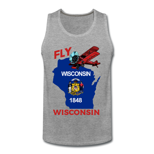 Fly Wisconsin - State Flag - Biplane - Men’s Premium Tank - heather gray