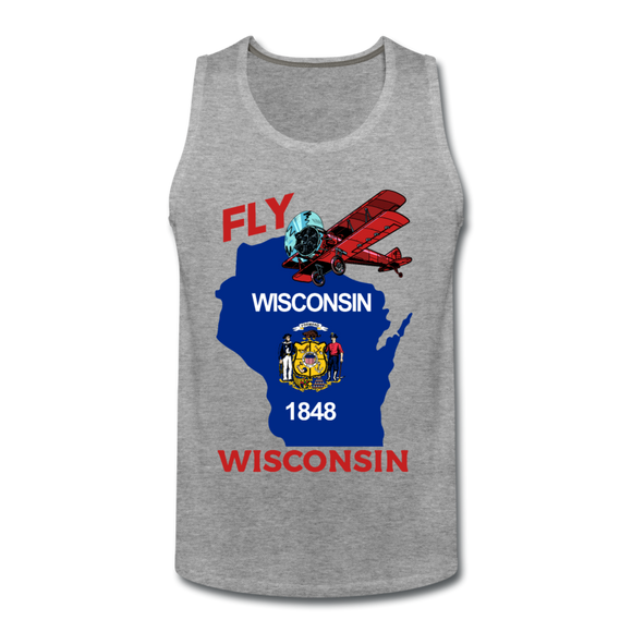 Fly Wisconsin - State Flag - Biplane - Men’s Premium Tank - heather gray