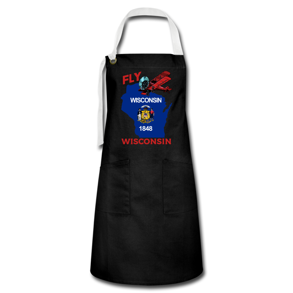 Fly Wisconsin - State Flag - Biplane - Artisan Apron - black/white