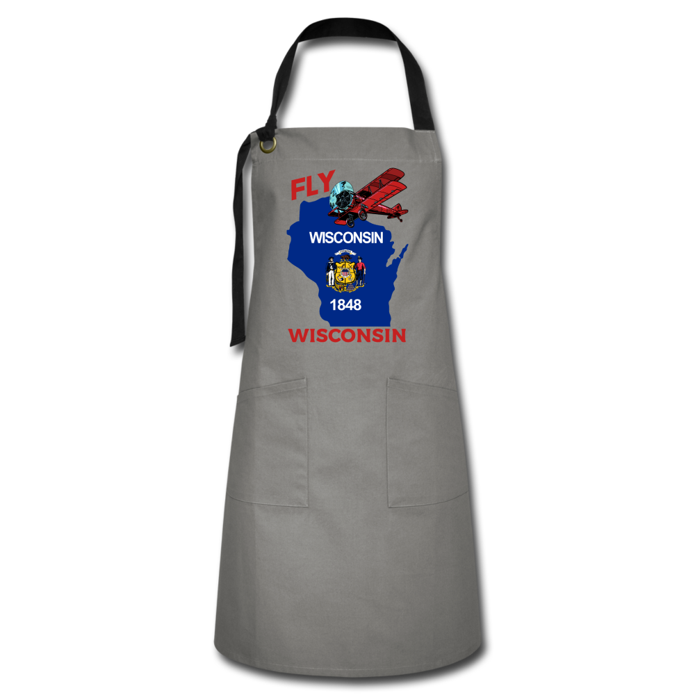 Fly Wisconsin - State Flag - Biplane - Artisan Apron - gray/black