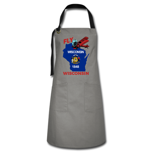 Fly Wisconsin - State Flag - Biplane - Artisan Apron - gray/black