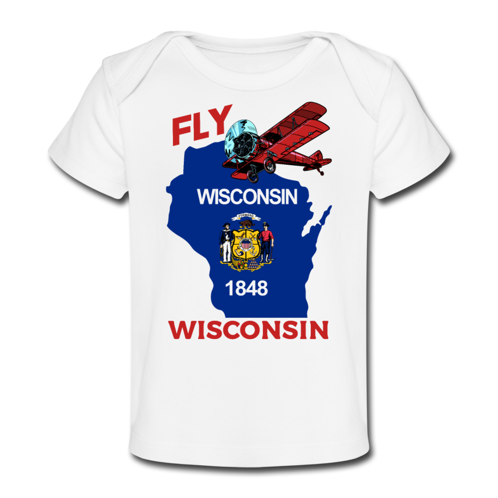 Fly Wisconsin - State Flag - Biplane - Organic Baby T-Shirt - white