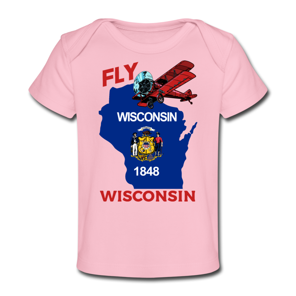 Fly Wisconsin - State Flag - Biplane - Organic Baby T-Shirt - light pink