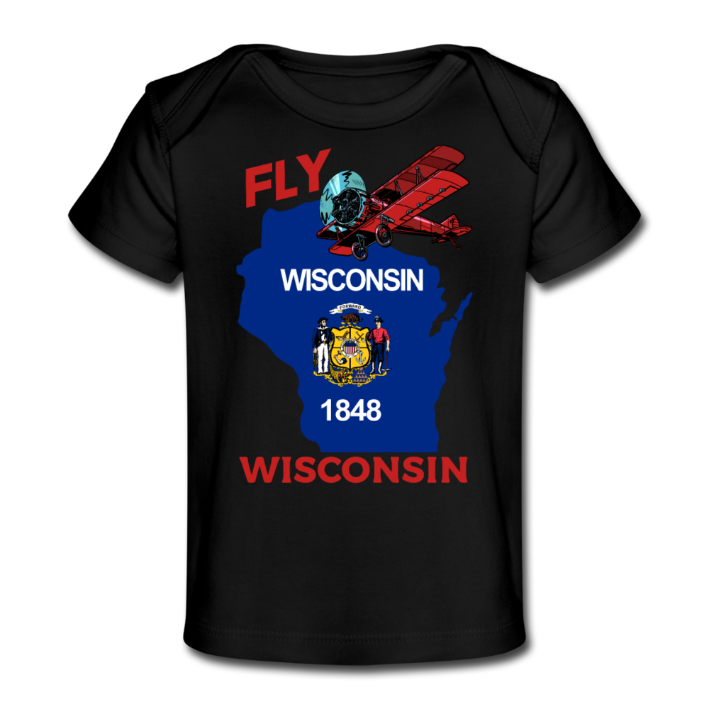 Fly Wisconsin - State Flag - Biplane - Organic Baby T-Shirt - black