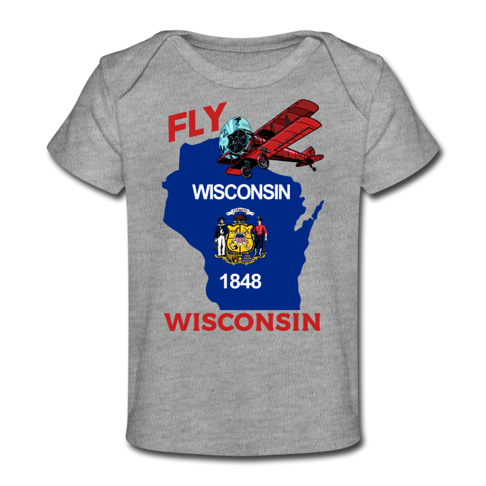 Fly Wisconsin - State Flag - Biplane - Organic Baby T-Shirt - heather grey