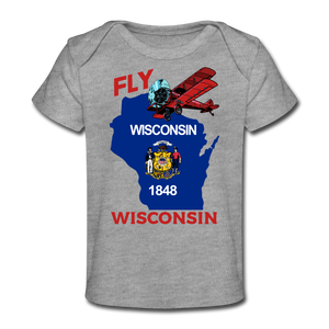 Fly Wisconsin - State Flag - Biplane - Organic Baby T-Shirt - heather grey