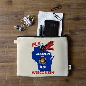Fly Wisconsin - State Flag - Biplane - Hemp Carry All Pouch - natural