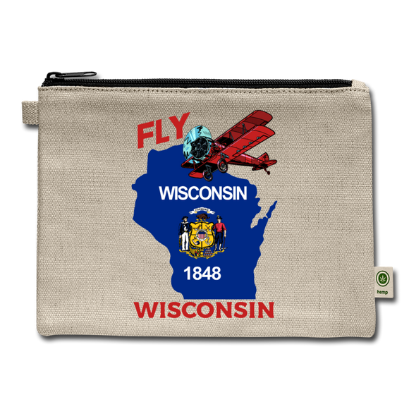 Fly Wisconsin - State Flag - Biplane - Hemp Carry All Pouch - natural