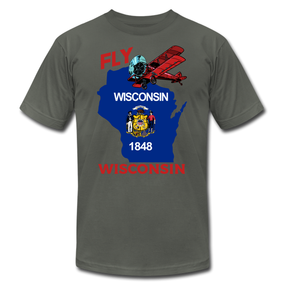 Fly Wisconsin - State Flag - Biplane - Unisex Jersey T-Shirt by Bella + Canvas - asphalt