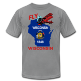 Fly Wisconsin - State Flag - Biplane - Unisex Jersey T-Shirt by Bella + Canvas - slate