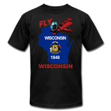 Fly Wisconsin - State Flag - Biplane - Unisex Jersey T-Shirt by Bella + Canvas - black
