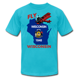 Fly Wisconsin - State Flag - Biplane - Unisex Jersey T-Shirt by Bella + Canvas - turquoise