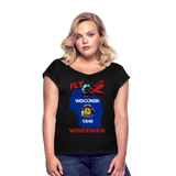 Fly Wisconsin - State Flag - Biplane - Women's Roll Cuff T-Shirt - black