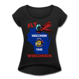 Fly Wisconsin - State Flag - Biplane - Women's Roll Cuff T-Shirt - black