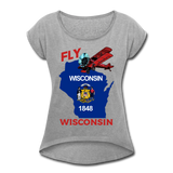 Fly Wisconsin - State Flag - Biplane - Women's Roll Cuff T-Shirt - heather gray